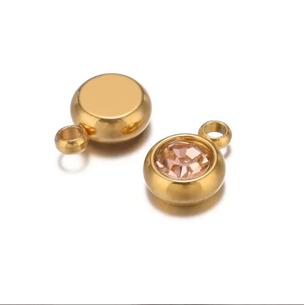 Champagne Pink Round Charm - 18K Gold Plated, Stainless Steel
