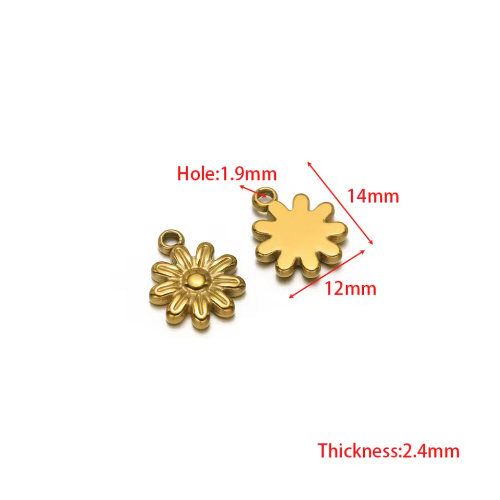 Embossed Flower Charm - 18K Gold Plated, Stainless Steel
